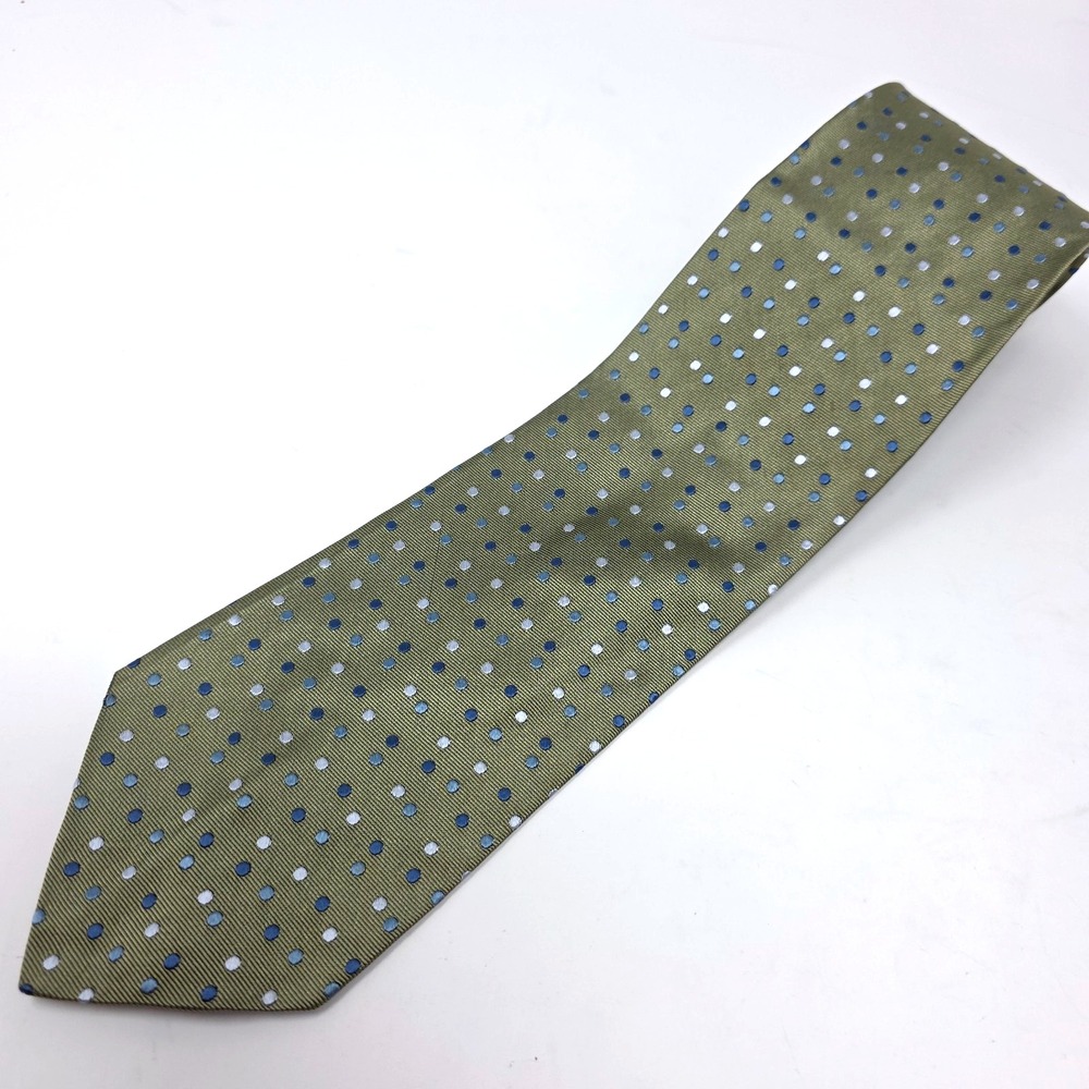 Ermenegildo Zegna Silk Tie Mens Olive Green Blue Polka‎ Dot Made in Italy